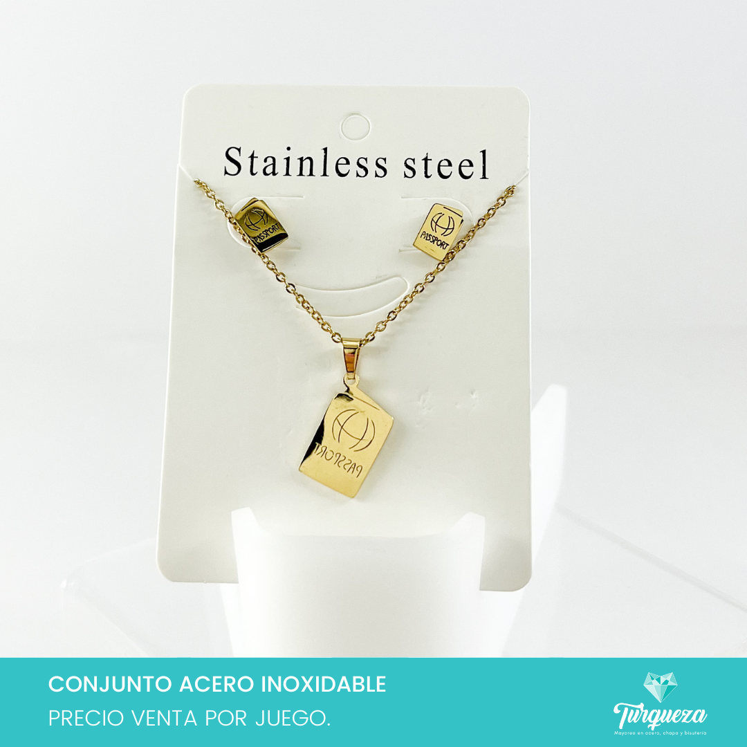 Conjunto Pasa Porte Dorado Acero Inoxidable Turqueza Bisuter a