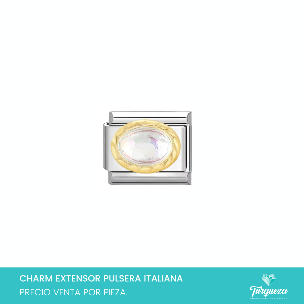 Dije Charm Zirconia Oval Blanca para Pulsera Tipo Italiana Plateado Acero Inoxidable