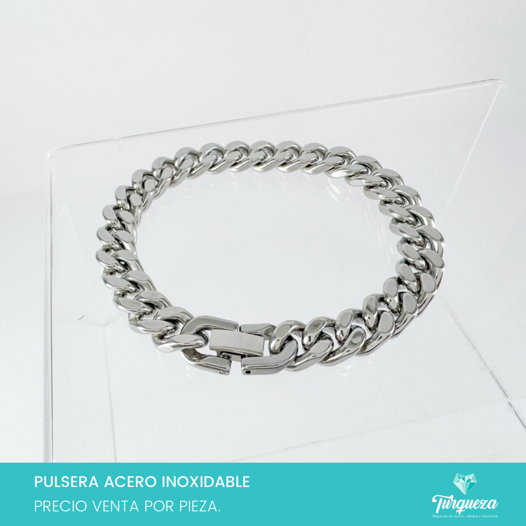 Pulsera Esclaba Cubana Plateado (21cm-1cm) Acero Inoxidable