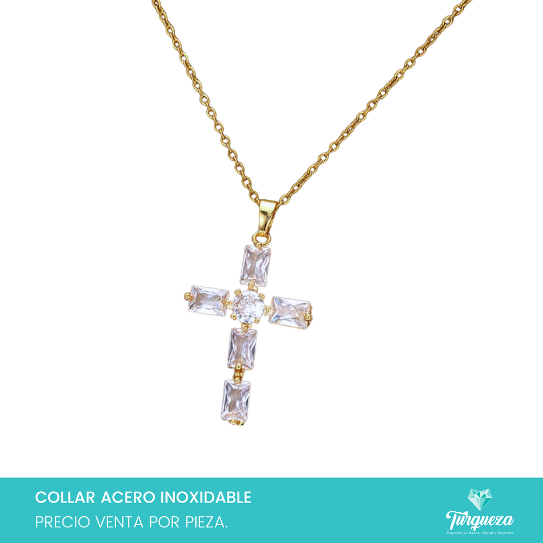 Collar Cruz Zirconias Dorado Acero Inoxidable