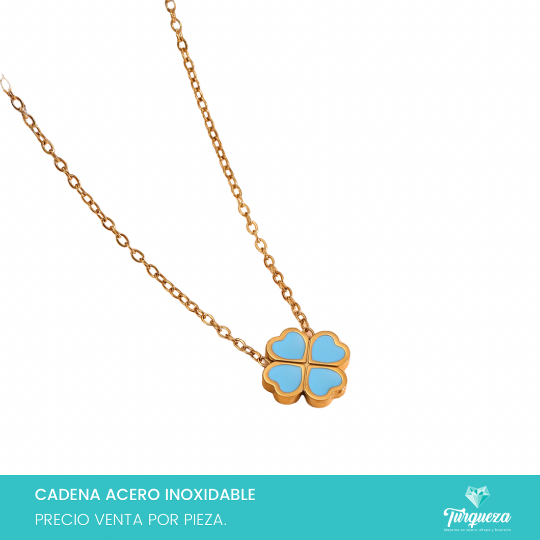 Collar Trebol Azul Dorado Acero Inoxidable