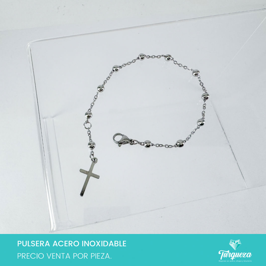 Pulsera Balin con Cruz Plateado Acero Inoxidable