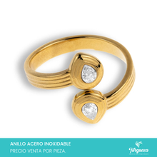 Cargar imagen en el visor de la galería, Anillo Gota doble con zirconia Ajustable Dorado Acero Inoxidable
