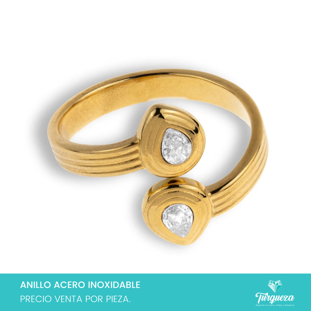 Anillo Gota doble con zirconia Ajustable Dorado Acero Inoxidable