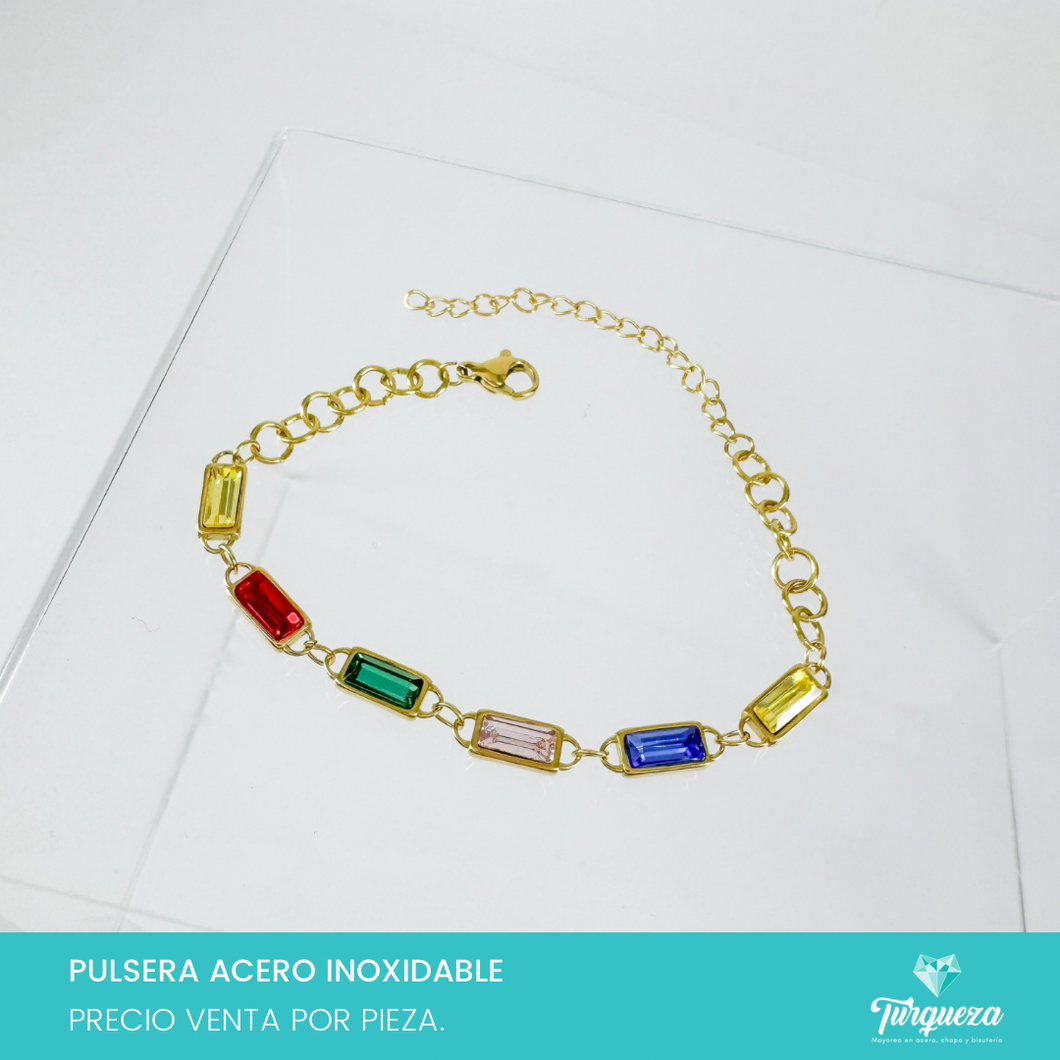 Pulsera Piedras Colores Dorado Acero Inoxidable