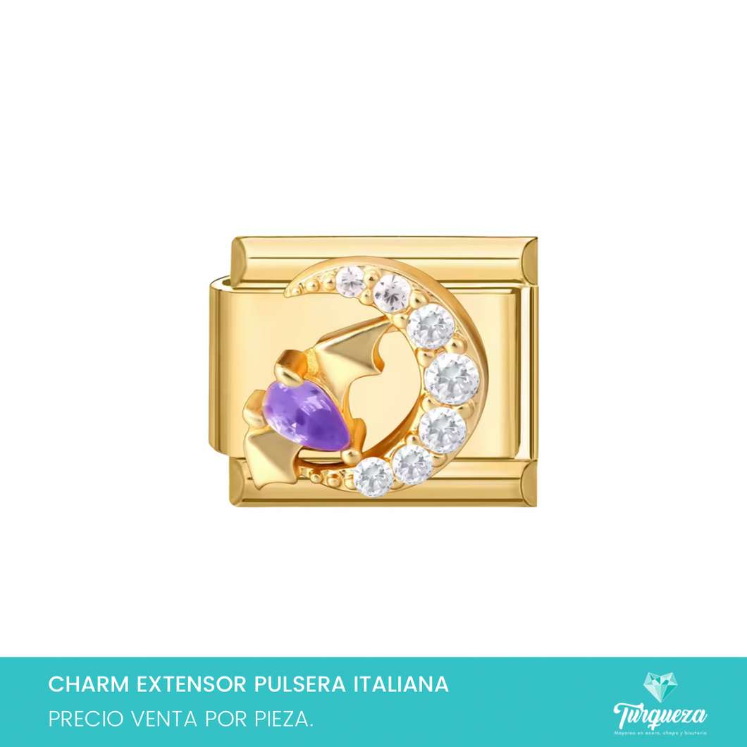 Dije Charm Luna Zirconias para Pulsera Tipo Italiana Dorado Acero Inoxidable