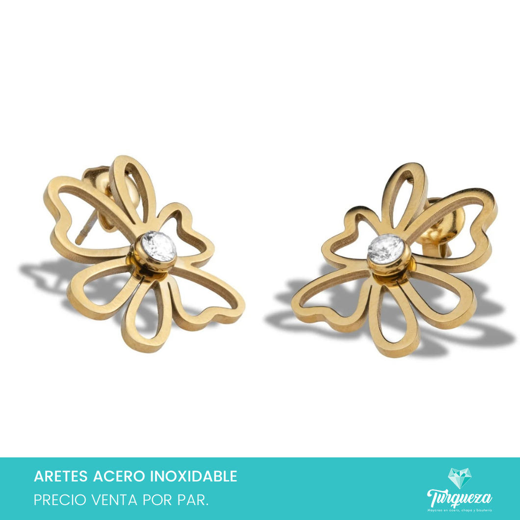 Arete Flor con Zirconia Dorado (2.4cm) Acero Inoxidable