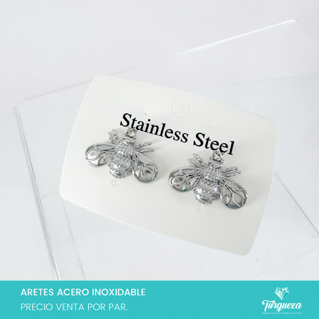 Arete Abeja con Zirconia Plateado (2cm) Acero Inoxidable