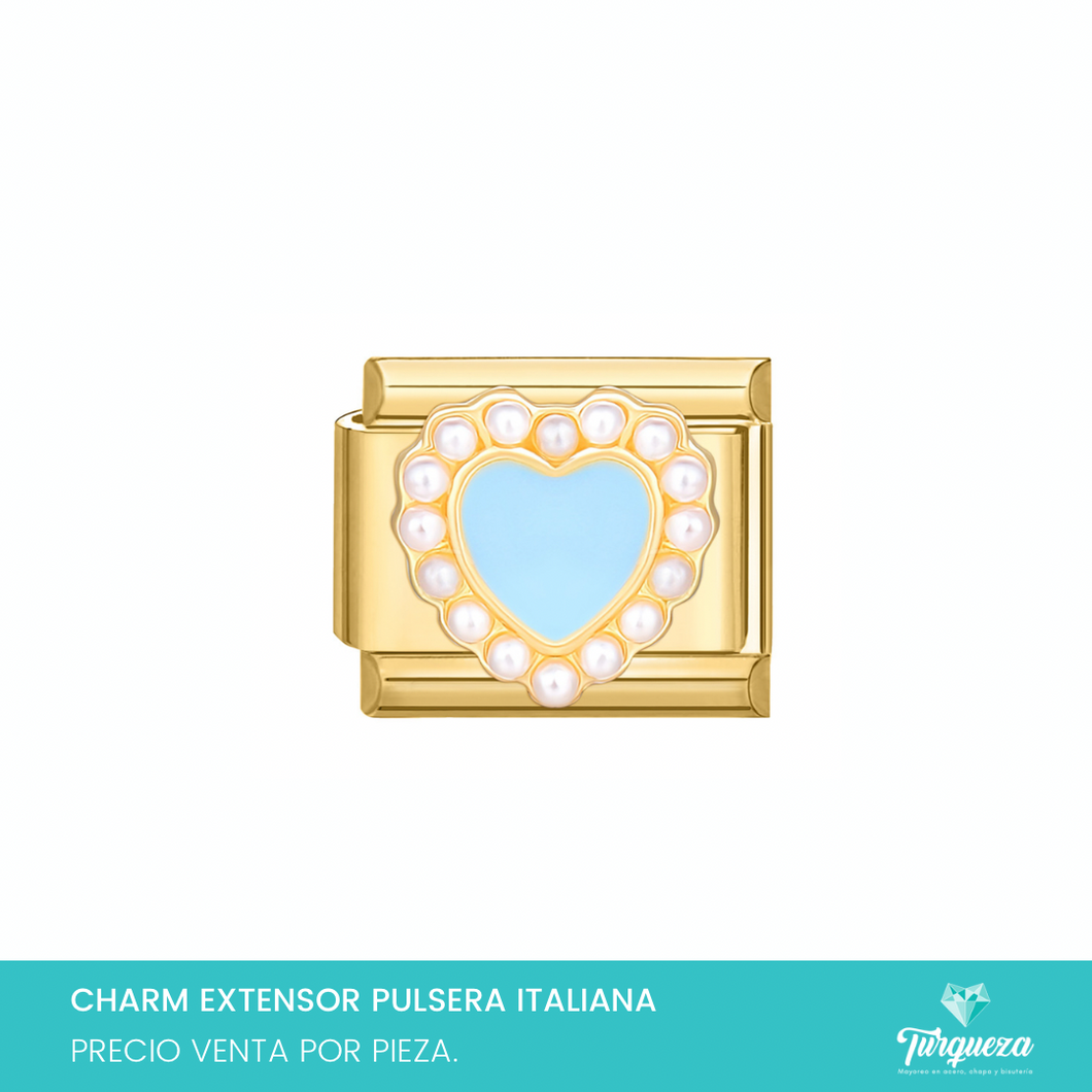 Dije Charm Corazon Azul para Pulsera Tipo Italiana Dorado Acero Inoxidable