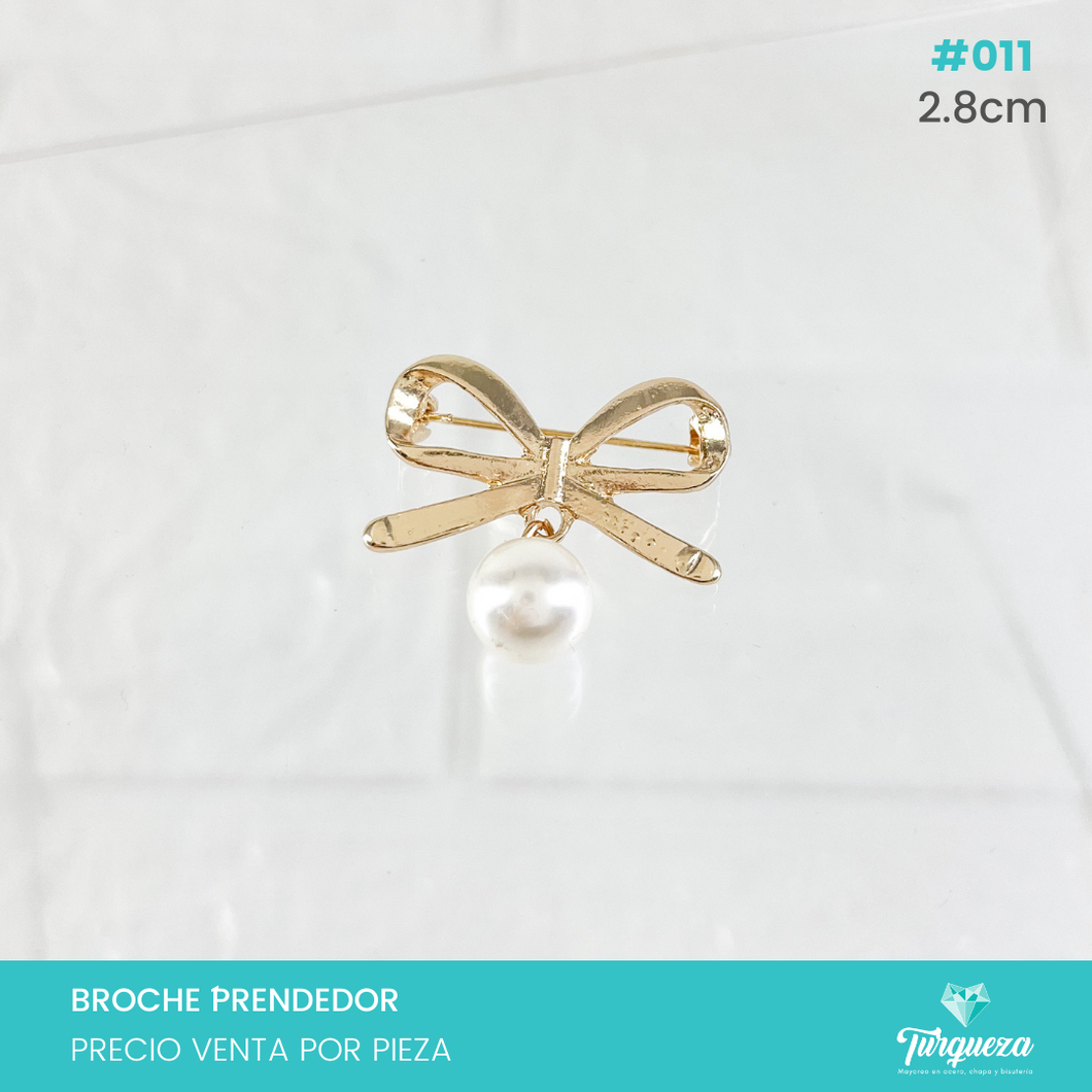 Broche Prendedor Moño Dorado con Perla colgante (2.8cm) #011