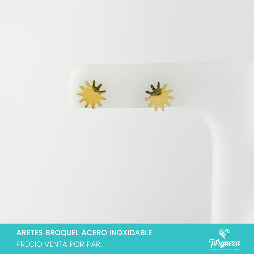 Aretes Broquel Sol Dorado Acero Inoxidable