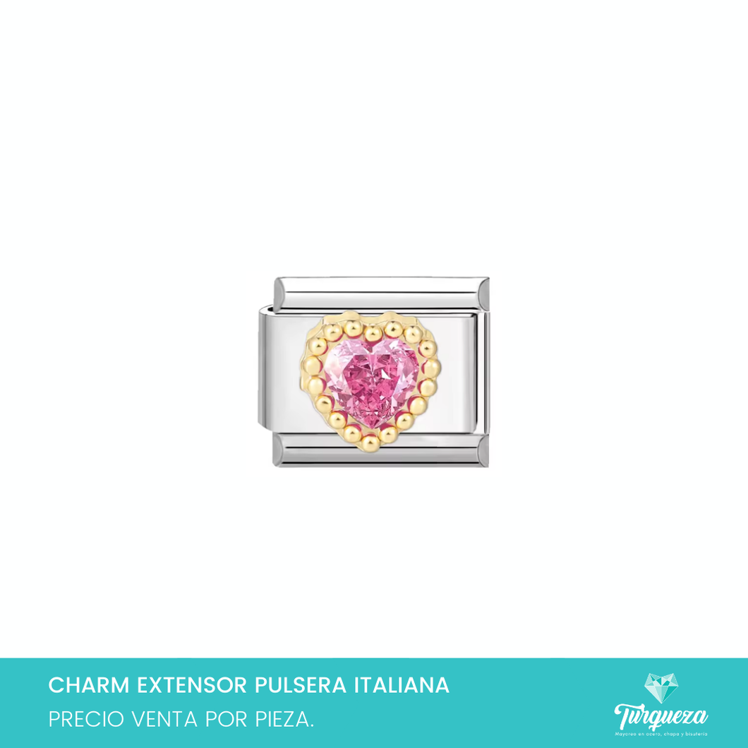 Dije Charm Corazon Zirconia Rosa 3D para Pulsera Tipo Italiana Plateado Acero Inoxidable