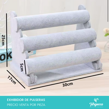 Cargar imagen en el visor de la galería, Exhibidor Pulseretero Triple Armable Tubo Tela Terciopelo Gris
