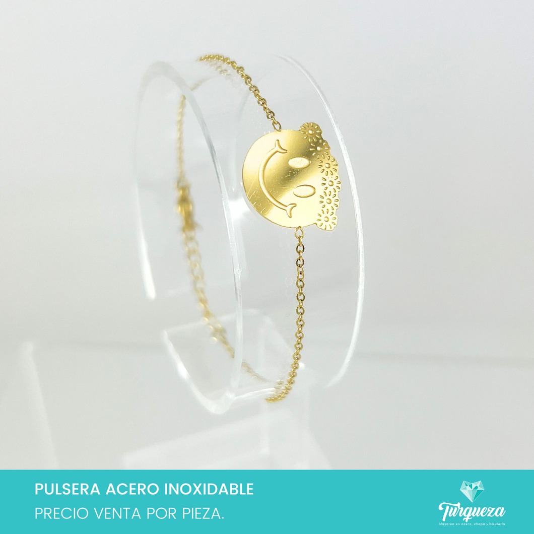 Pulsera Carita Feliz con Tiara Dorada Acero Inoxidable
