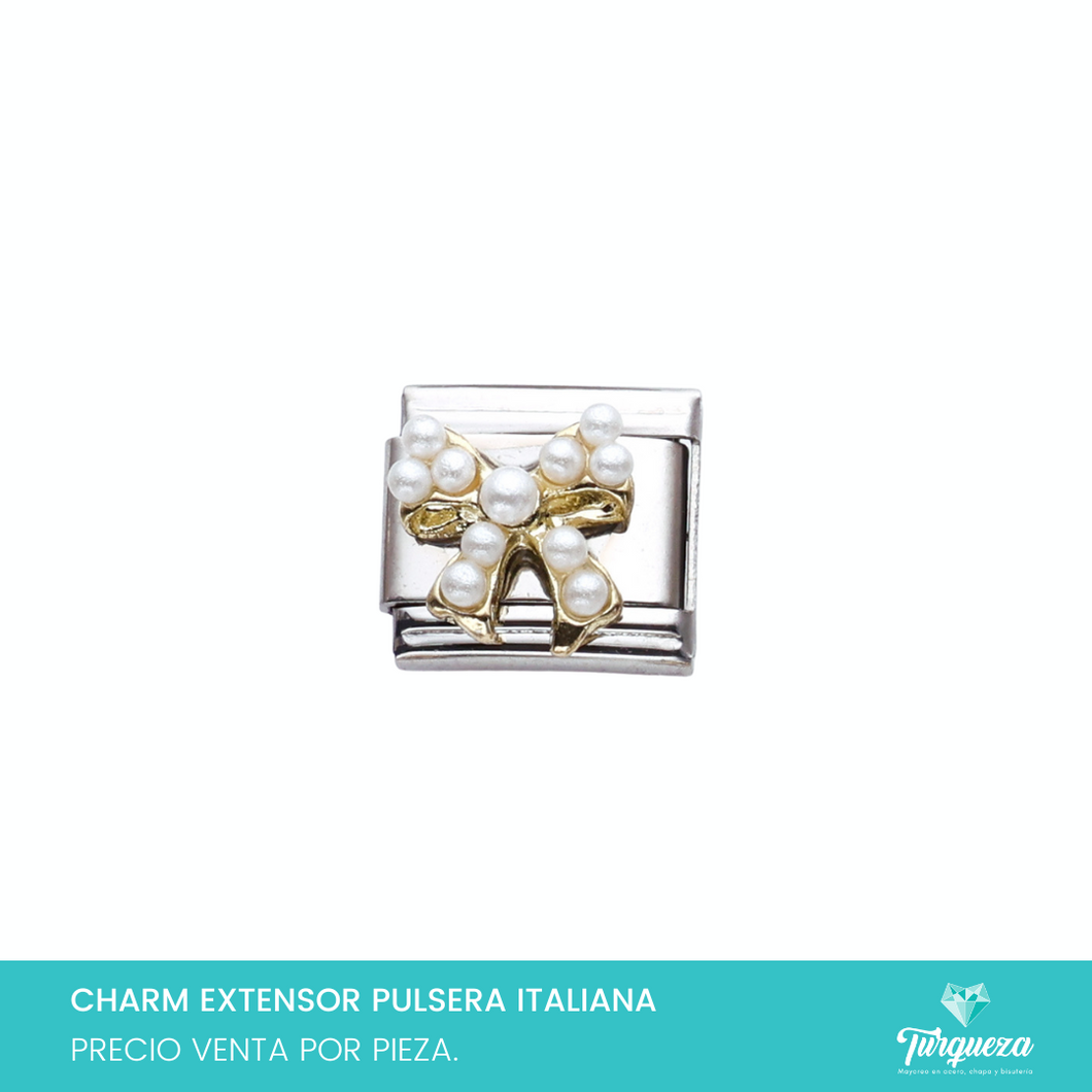 Dije Charm Moño Perlas para Pulsera Tipo Italiana Plateado Acero Inoxidable