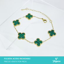 Cargar imagen en el visor de la galería, Pulsera Dupe Flor VC Doble Cara Verde Dorado Acero Inoxidable
