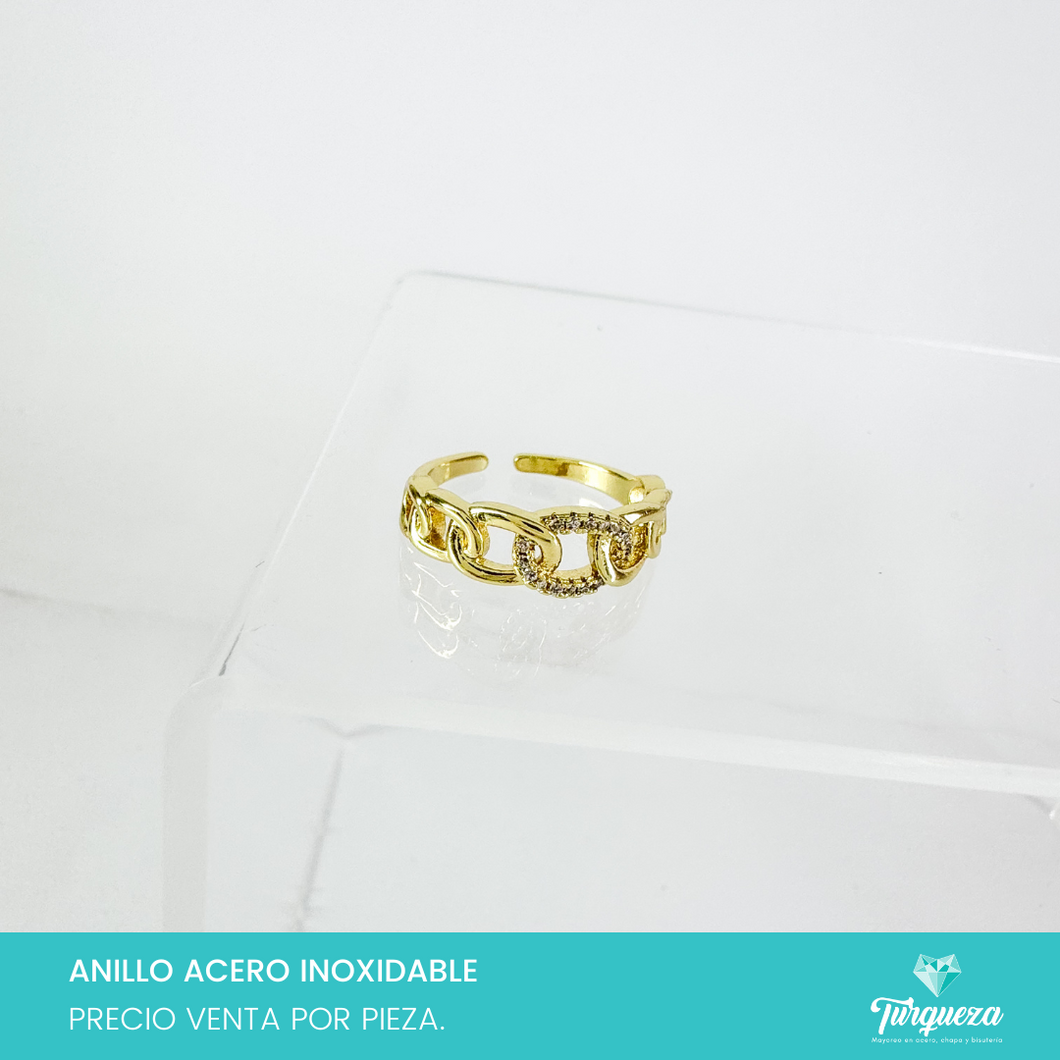 Anillo Cadena Zirconias Ajustable Dorado Acero Inoxidable