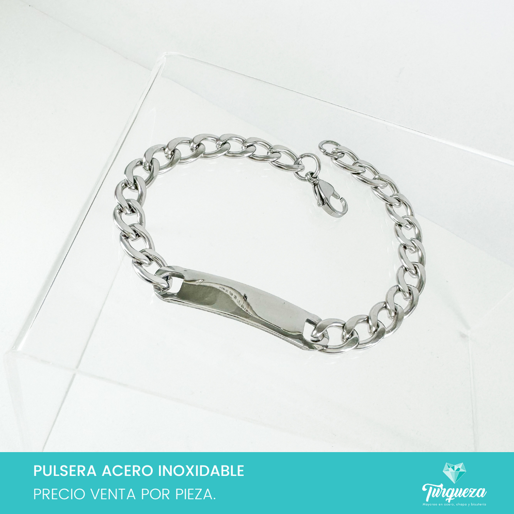 Pulsera Cubana con Placa Plateada (21cm-7mm) Acero Inoxidable
