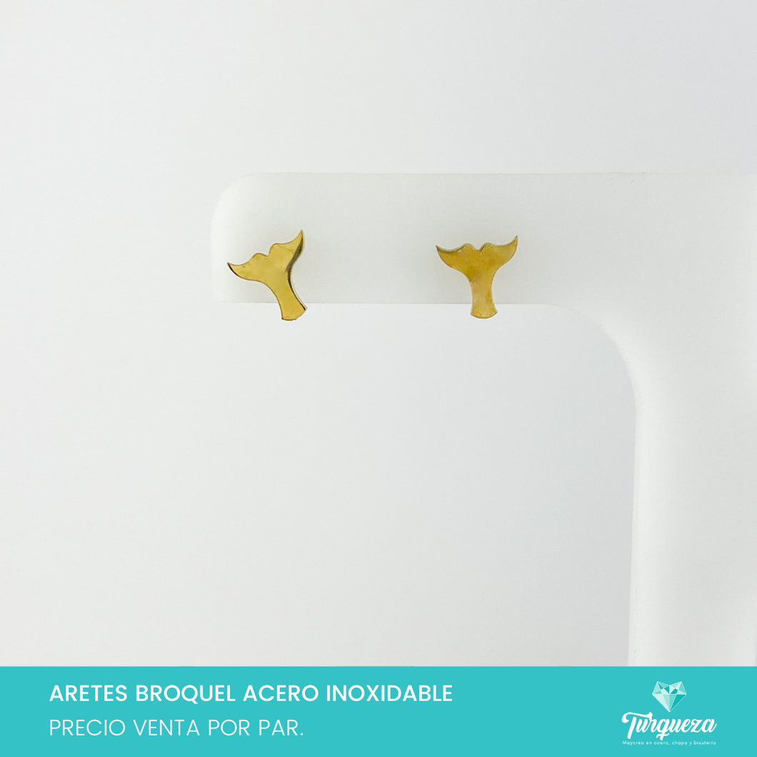 Aretes Broquel Colita Ballena Dorado Acero Inoxidable