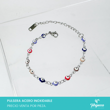 Cargar imagen en el visor de la galería, Pulsera Ojo Turco Multicolor 2 Plateada (18cm-4mm) Acero Inoxidable
