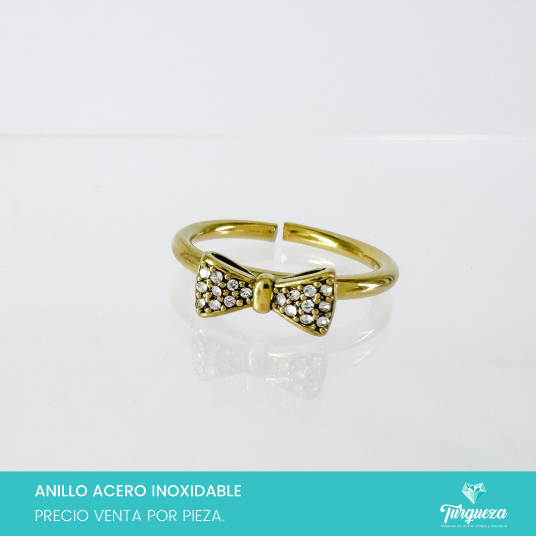 Anillo Moño Zirconias Ajustable Dorado Acero Inoxidable