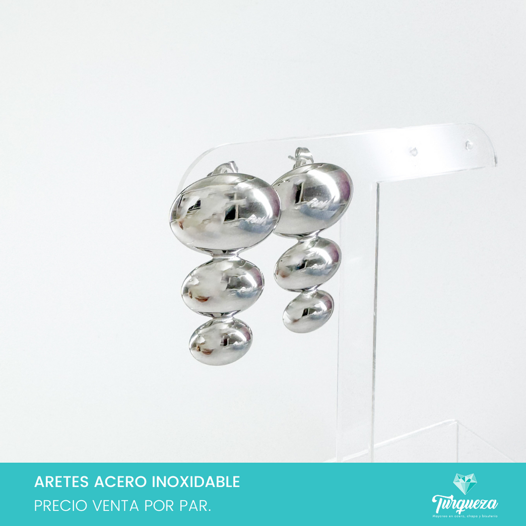 Arete Oval Triple Plateado 3.5cm Acero Inoxidable