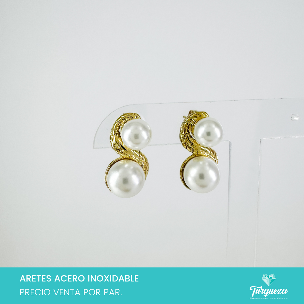 Arete Doble Perla Dorado 2cm Acero Inoxidable