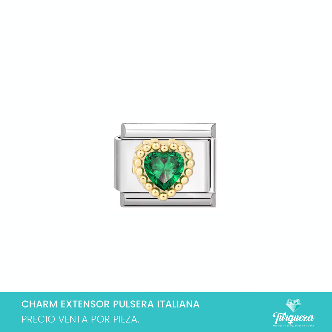 Dije Charm Corazon Zirconia Verde 3D para Pulsera Tipo Italiana Plateado Acero Inoxidable