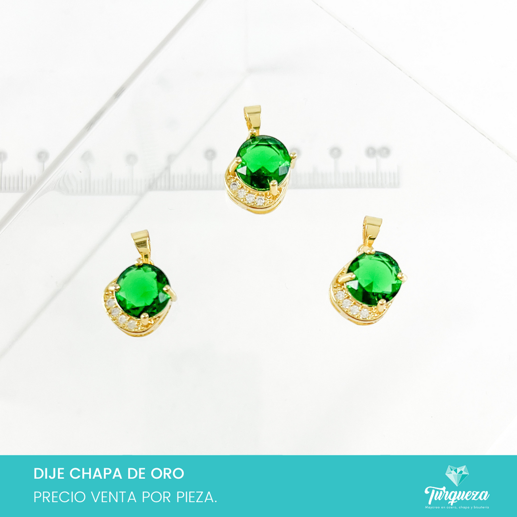 Dije Zirconia Verde Redonda con Mini Zirconias Chapa de Oro