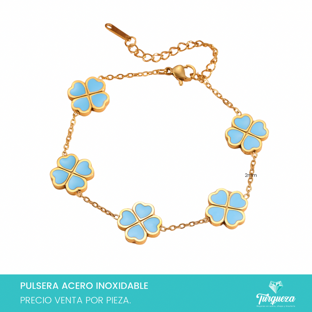 Pulsera Trebol Azul Doble Cara Dorada Acero Inoxidable