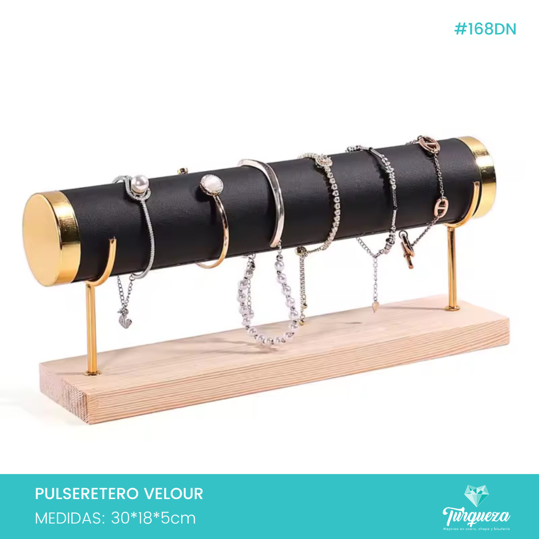 Exhibidor Pulseretero Tubo Tela Terciopelo Negro Dorado / Madera