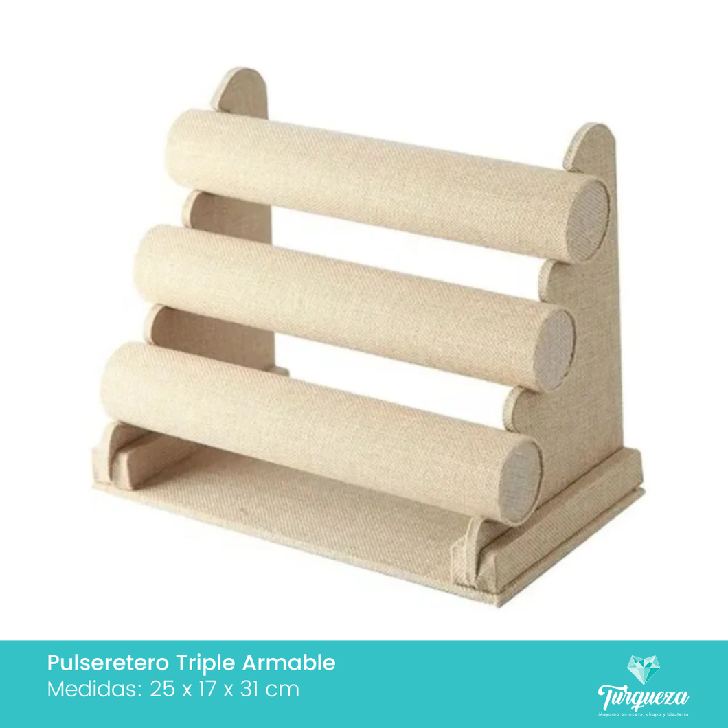 Exhibidor Pulseretero Triple Armable Tubo Tela Tipo Yute Beige