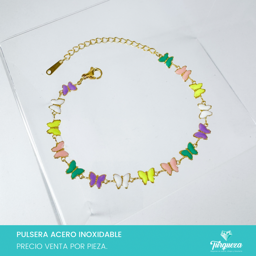 Pulsera Mariposas Colores (17cmx5mm) Dorada Acero Inoxidable