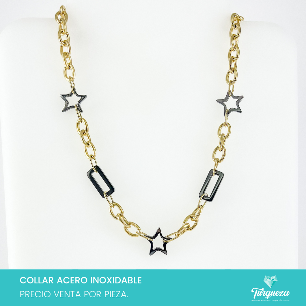 Collar Cadena  Forzada Redonda con Eslabones Negros Estrella Dorado (50cm-7mm) Acero Inoxidable