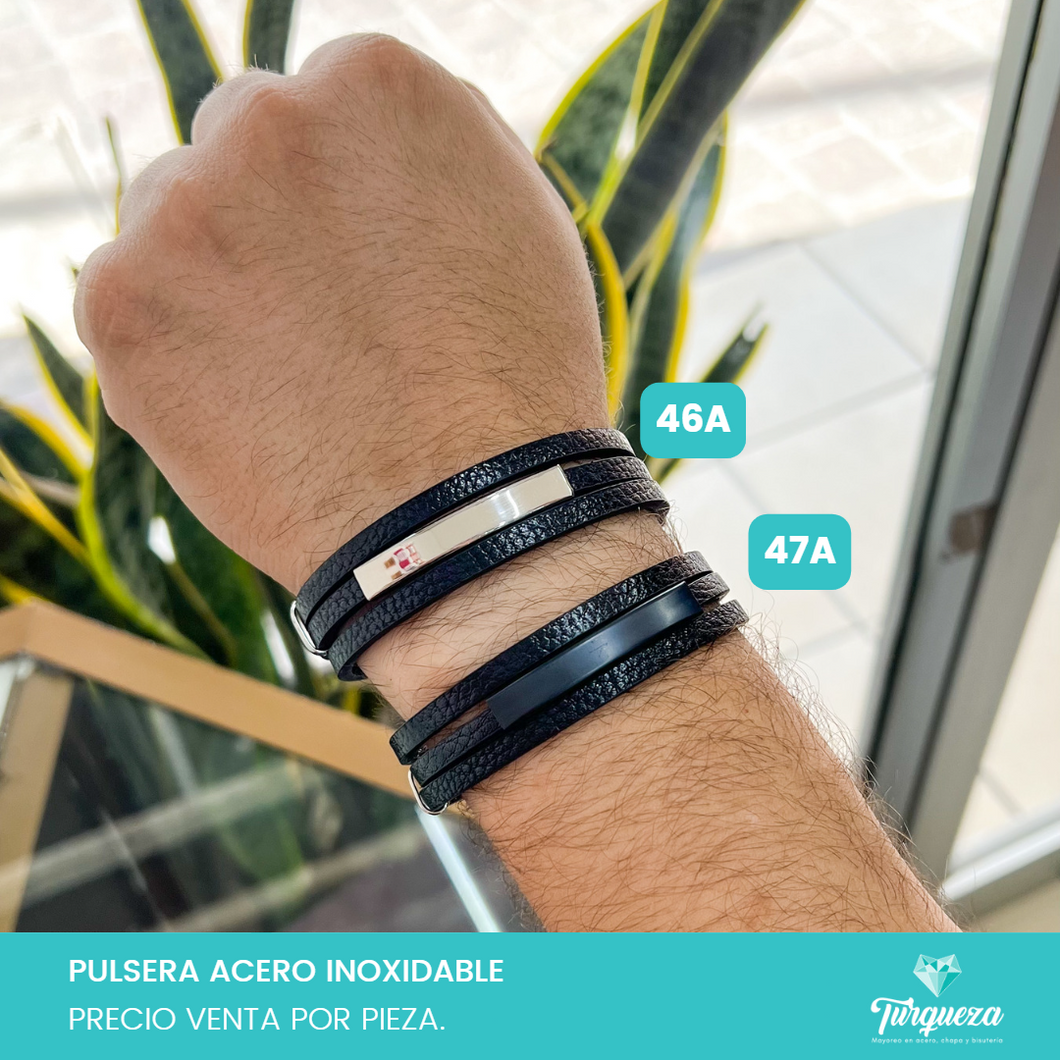 Pulsera Vinipiel Negro Con Placa #46A y #47A Acero Inoxidable