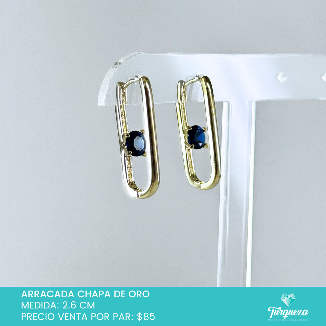 Arracada Rectangular con Zorconia Azul Chapa de Oro