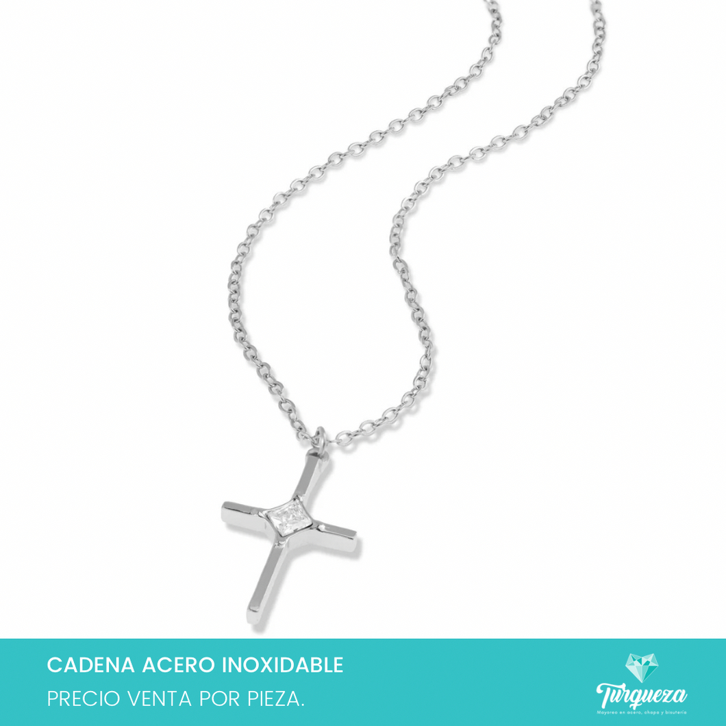 Collar Cruz Plateado Acero Inoxidable