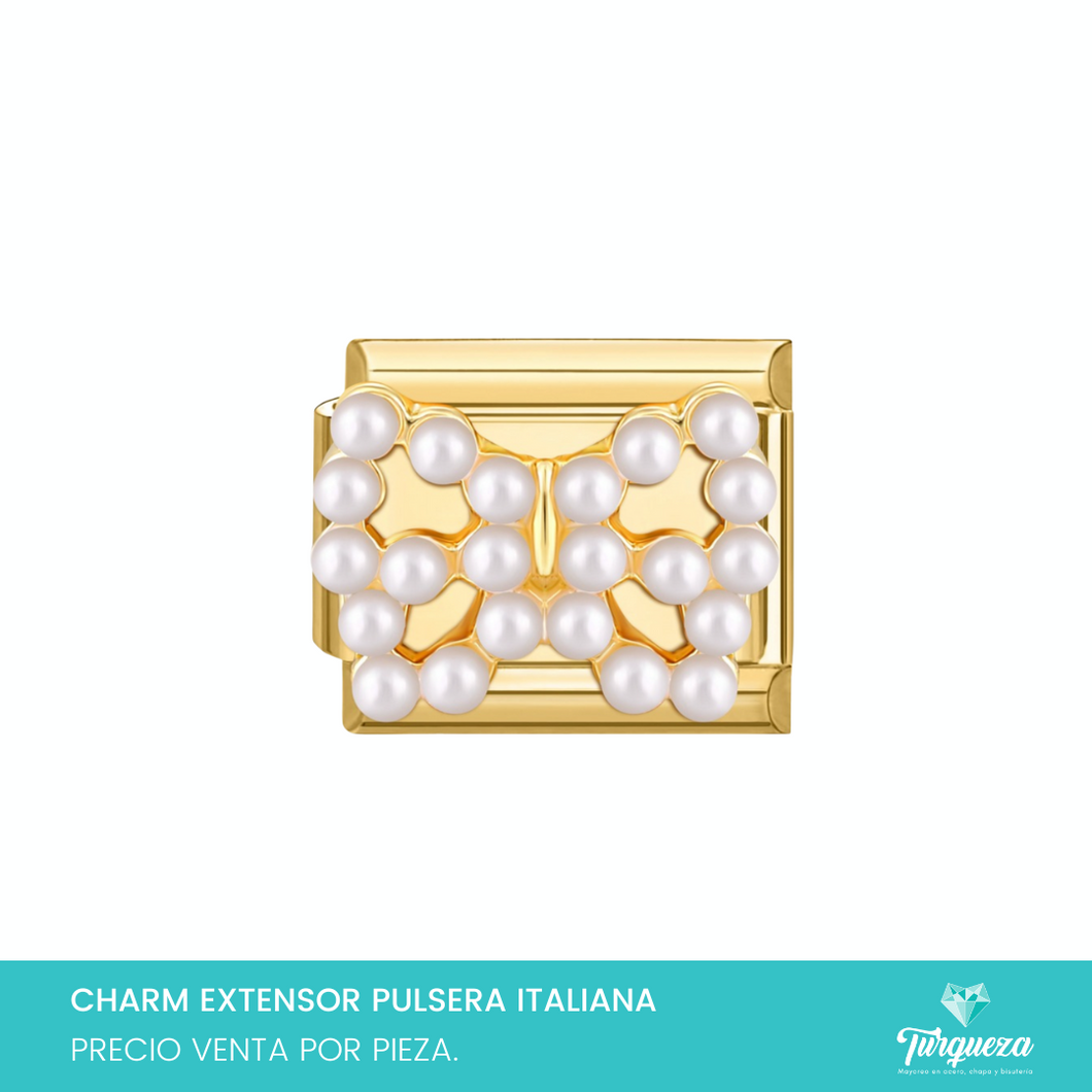 Dije Charm Moño Perlas Dorado para Pulsera Tipo Italiana Acero Inoxidable