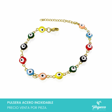 Cargar imagen en el visor de la galería, Pulsera Ojo Turco Multicolor Dorada (18cm-6mm) Acero Inoxidable
