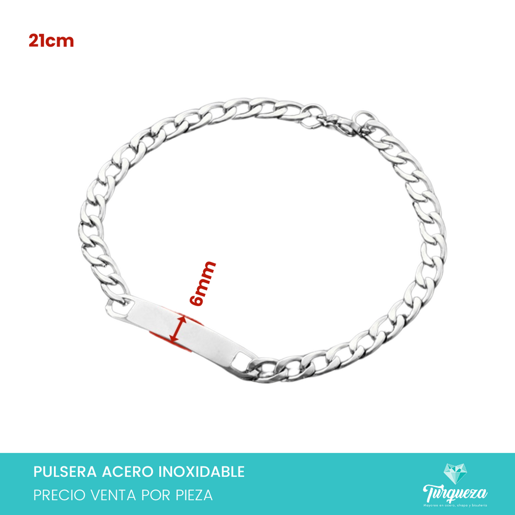 Pulsera Cubana con Placa Plateada (21cm-5mm) Acero Inoxidable