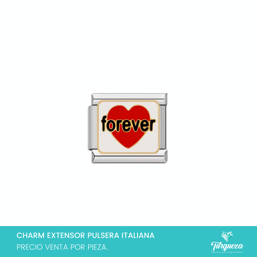 Dije Charm Corazon Forever para Pulsera Tipo Italiana Plateado Acero Inoxidable