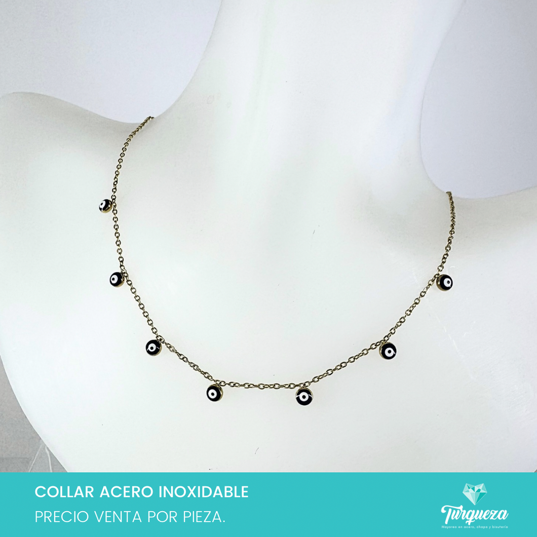 Collar Ojitos Azul Marino Dorado Acero Inoxidable