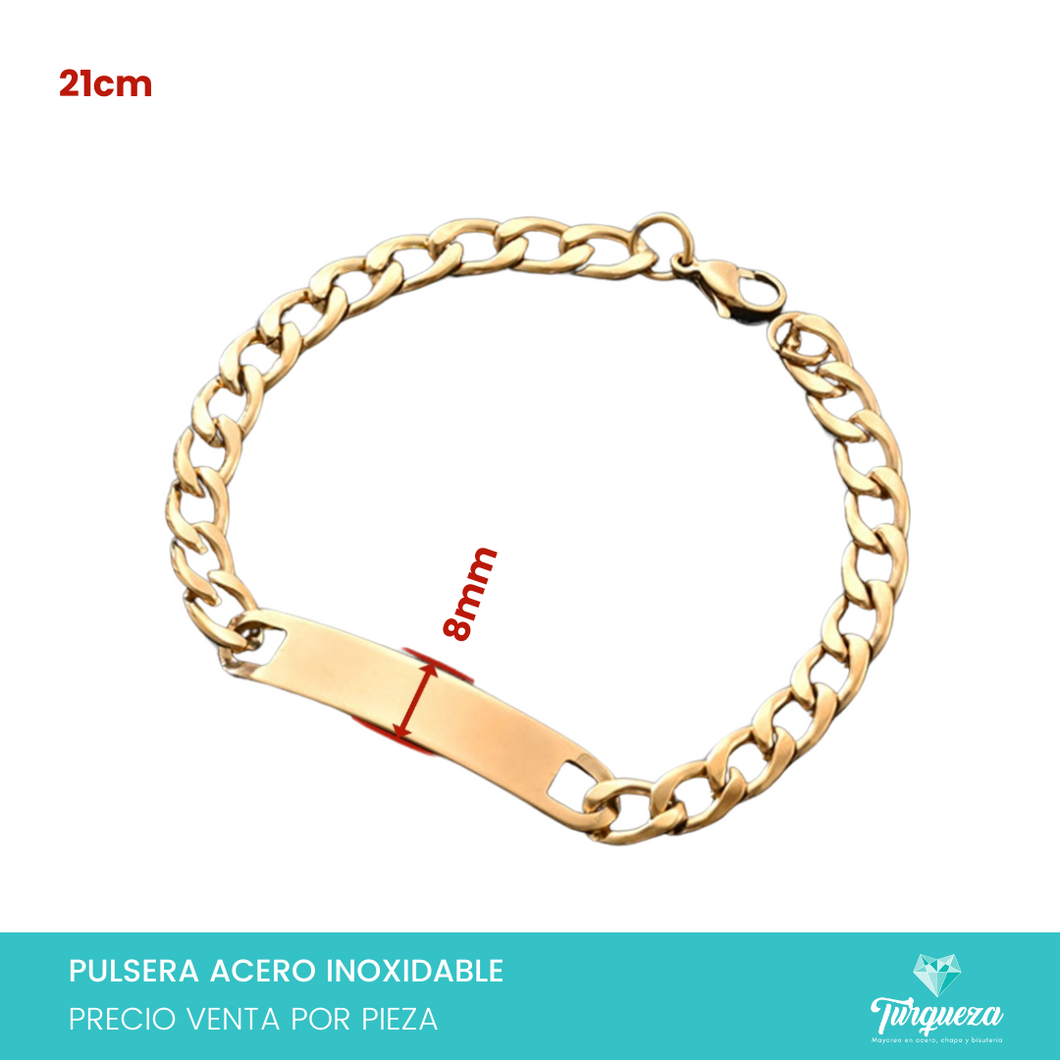Pulsera Cubana con Placa Dorada (21cm-6mm) Acero Inoxidable