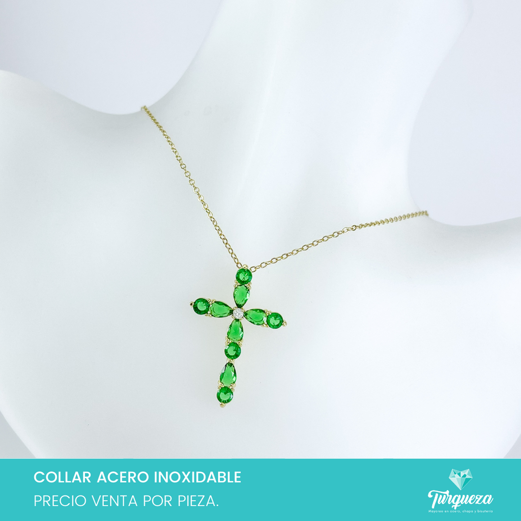 Collar Cruz Zirconias Verdes Dorado Acero Inoxidable