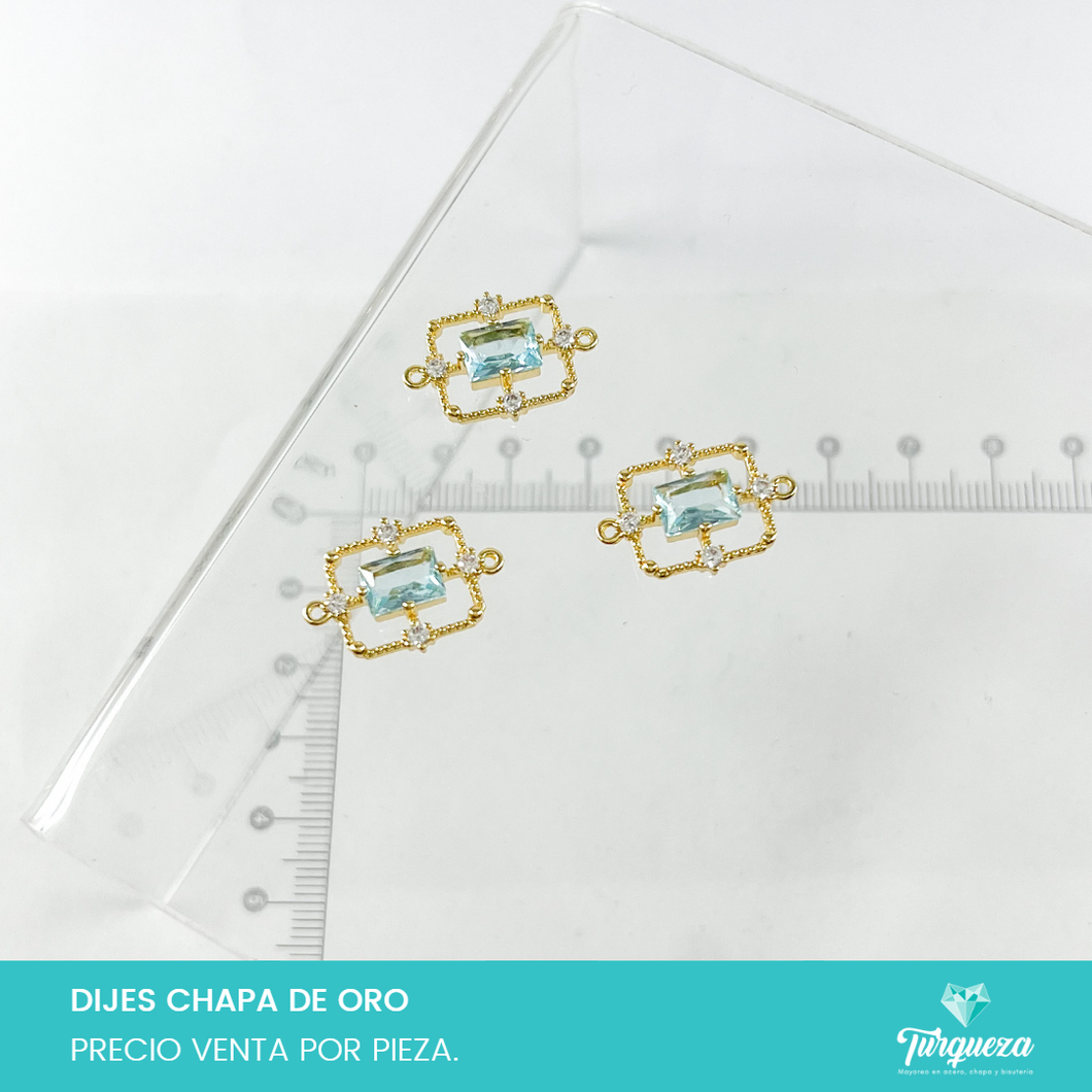 Dije Cuadrado Conector Azul Con 4 Zirconias Chapa de oro