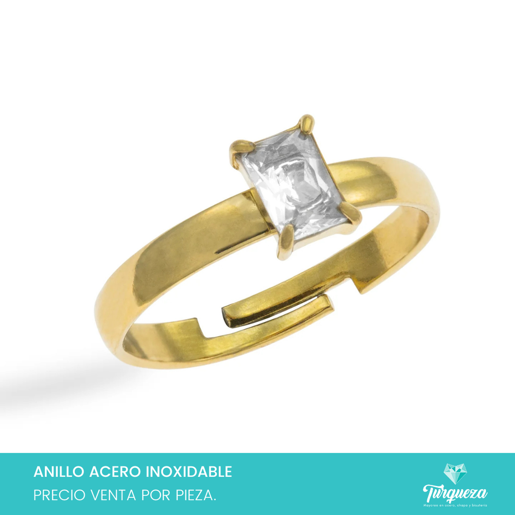 Anillo Liso con Zirconia Cuadrada Dorado Acero Inoxidable