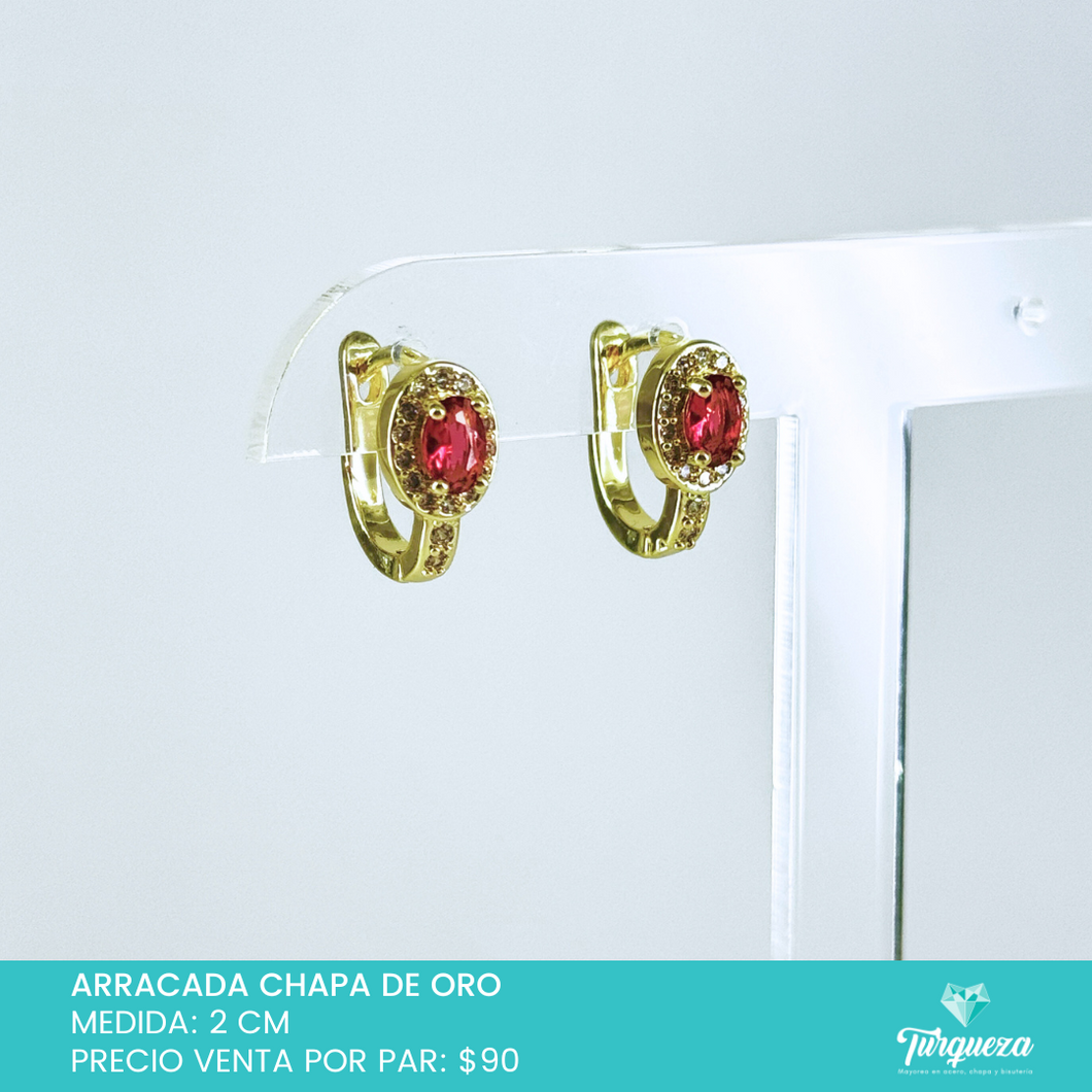 Arracada Zirconia Roja Ovalada Chapa de Oro