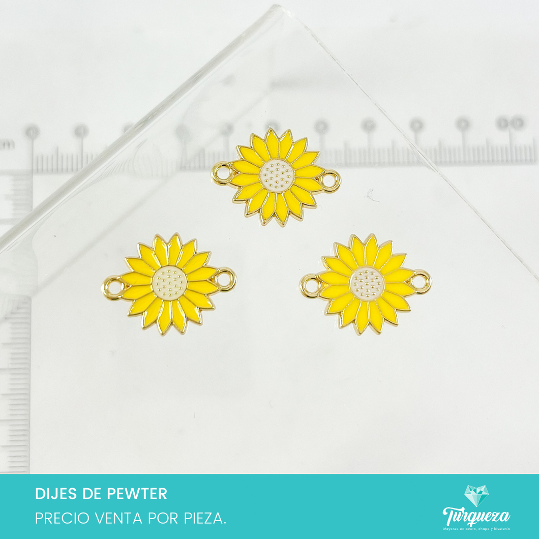 Dije Conector Flor Girasol Amarillo Esmaltado Dorado (1.5x1.5cm) Pewter