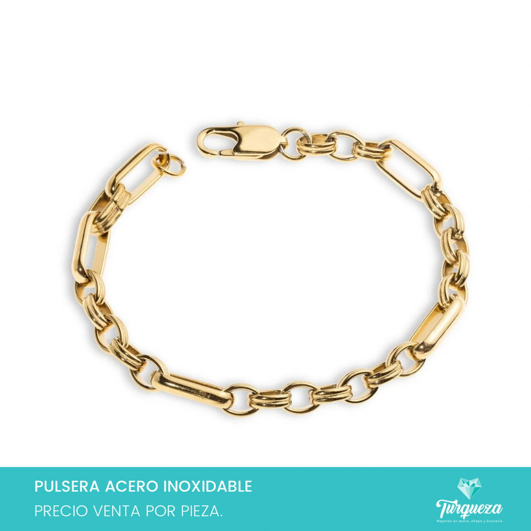 Pulsera Eslabon Oval Alargado Dorado Acero Inoxidable