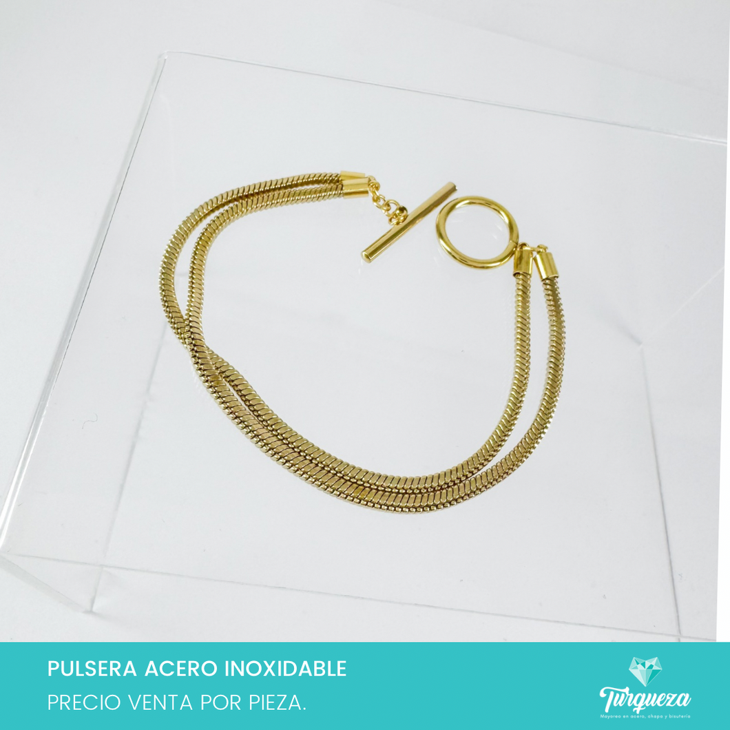 Pulsera Tubular Doble Broche T Dorado Acero Inoxidable